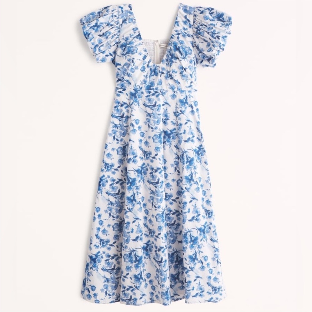 Abercrombie Puff Sleeve Plunge Midi Dress - XS